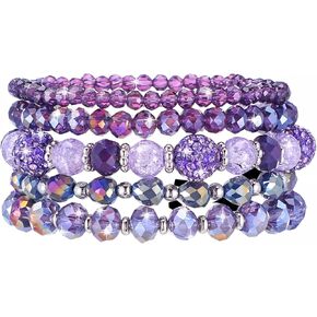 5Pcs Beaded Bracelets for Women, Bohemian Glass Faceted Crystal Beads Bracelet, Stackable Boho Disco Ball Stretch Bracelets, Multilayered Purple Jewelry Gift for Women, Mother's Day