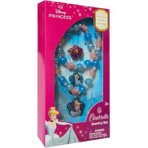 LUV HER Disney Princesses Cinderella Girls Jewelry Set - Dress up 3 Piece Toy Jewelry Box Set with Bead Necklace, Bracelet and Ring - Play Accessories - Ages 3+