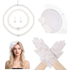 Heliltd 5Pcs Fascinators for Women Tea Party Fascinator Hat for Women Mesh Bowtie Hat Lace Glove Pearl Jewelry Set