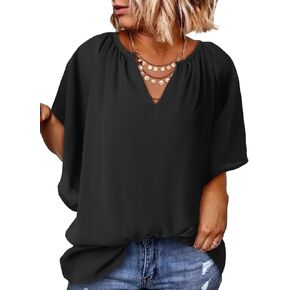 Eytino Womens Plus Size Tops Loose V Neck Bell Short Sleeve Casual Chiffon Blouses Pleated Flowy Shirts(1X-5X)