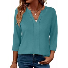 XIEERDUO 3/4 Length Sleeve Womens Tops V Neck Pleated Work Blouses Dressy Casual Summer Tops 2025 Trendy
