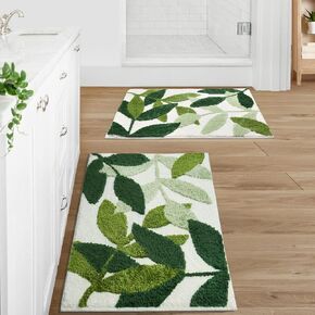Gibelle Green Bathroom Rug Set, Non-Slip Strong Water Absorbent Plush Microfiber Bath Mat Set, Machine Washable Bathroom Floor Mat Cute Shower Rug Indoor Doormat (18"x26"+20"x32")