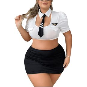 WDIRARA Women's Plus Size 3 Piece Teddy Teacher Costume Mini Secretary Roleplay Lingerie Set