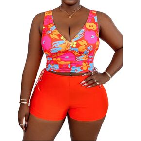 SweatyRocks Women's Plus Size Swimsuit Floral Print Drawstring High Wasited Tankini Set Beachwear