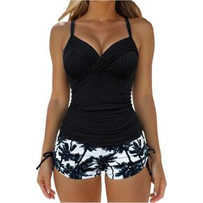 SOLY HUX Tankini Swimsuits for Women Ruched Swim Tops and Tropical Print Drawstring Shorts Two Piece Bathing Suit
