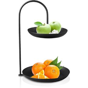 2 Tier Fruit Basket Stand, Tabletop Jewelry Organizers Tower Metal Tiered Key Tray Round Jewelry Tray Organizers for Birthday Party Wedding Home (Black)