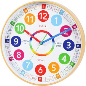 12inch Learning Clock for Kids, Teaching Analog Colorful Rainbow Silent Battery Operated Wall Clock