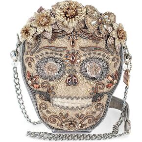 Mary Frances Shining Skull Beaded Handbag Floral Día de Los Muertos Crossbody Bag, Metallic