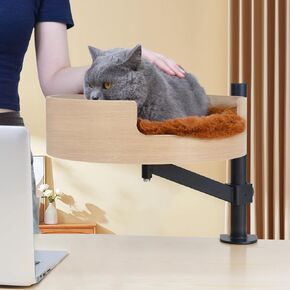 Cat Bed Desk with Pet Mat, Cat Hammock for Desk, Cat Bed Desk with Wooden Bowl, 360° Rotation and Adjustable Height, Coffee in Kuwait