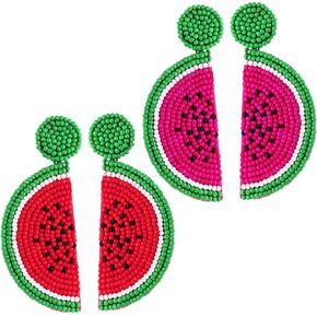 2 Pairs Fruit Watermelon Shape Drop Earrings Bohemian Seed Bead Earrings Handmade Beaded Dangle Studs Jewelry for Women Girls Party(Rose Red, Red)