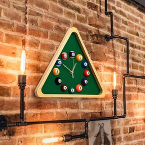 Large Billiard Pool Ball Clock 14 Inch Triangle Pool Table Wall Clock with Solid Wood Frame Snooker Game for Billiards, Pool, Game Room