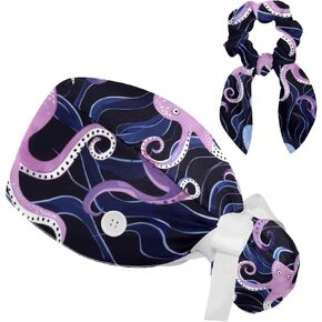 قبعات غلاف عمل للنساء مع Scrunchies القوس ، ونمط الأخطبوط الموجي بوفانت الجراحية حامل ذيل الحصان