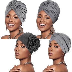 4 Pieces Stretch Turban Hats for Women Cancer Chemo Head African Knot Headwraps Pre-Tied Twisted