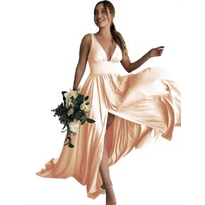 BABYONLINE D.R.E.S.S. Women's Formal Dresses Deep V-Neck Side Slit Sleeveless Floor Length Wedding Guest Dresses 3007