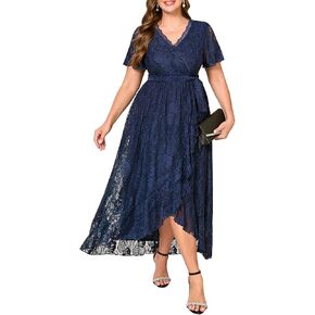 Plus Size Dresses Wedding Guest - Formal Cocktail Party Long Lace High Low Wrap V Neck Dress