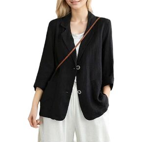 Mintlimit Womens Linen Blazer Summer 3/4 Sleeve Notch Label Work Office Suit Suit Disual Button Blazers مع جيوب