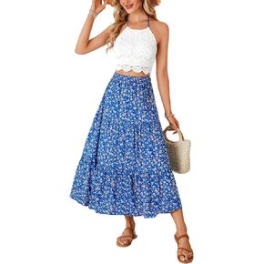 Vrtige Women's 2 Piece Outfits Summer Lace Halter Cami Crop Top with Floral Long Maxi Skirt Set