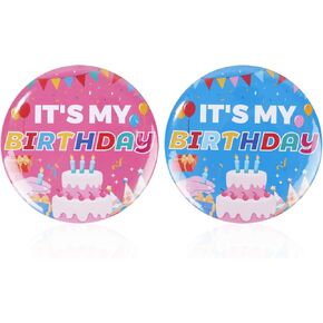 2pcs Happy Birthday Badge Pins, 2.28 Inch Diameter It’s My Birthday Button Pin Boys Girls Brooch Cute Badge for Women Men Gifts Party Decorations Supplies (Pink & Blue)