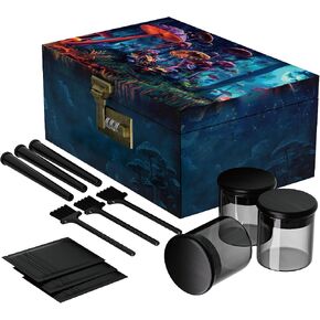 Large Bamboo Box with Combination Lock, Wooden Printed Decorative Storage Box with Upgraded Tray, Stash Storage Lock Box with Smell Proof Bags,Glass Jars,Tubes & Brushes as Great Gift Choice(Sun&Moon)