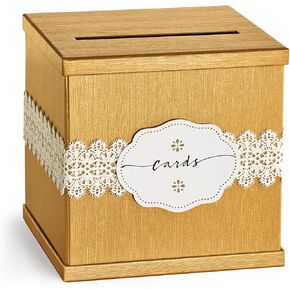 Gold Wedding Card Box, Large 10x10 Gift Card Holder, Elegant Envelope Box with Slot, Graduation, Wedding Reception, Money, Funeral, Bridal & Baby Shower, Anniversary, Baptism, Birthday Party, Sweet 16