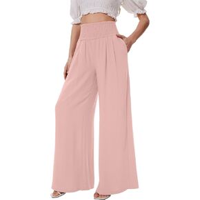 FUNYYZO Women Pull On Pants Elastic Waisted Casual Wide Leg Long Lounge Trousers with Pocket Beach Wear