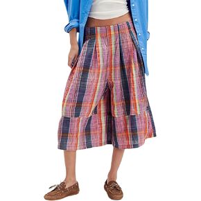Himosyber Women's Summer Culottes Boho Wide Leg Pants Elastic Waist Casual Palazzo Trousers Plaid Capris with Pockets