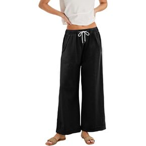 Springrain Womens Baggy Wide Leg Pants Casual Loose Cotton Elastic Waisted Palazzo Pants Black