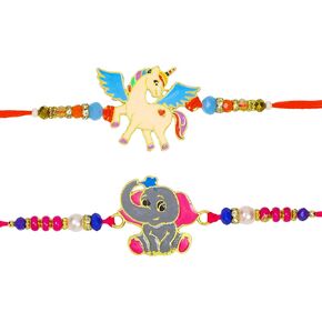Raksha Bandhan Set of 2 Rakhi for Brother with Raksha Bandhan Greeting Card & Roli Chawal Tika | Elephant Rakhi for Brother | Fancy Rakhi for Small Brother Bhaiya | Rakhi for Brother – PHRK26A