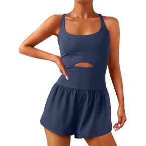 Womens Workout Romper Sexy Sleeveless Athletic Rompers One-Piece Running Onesie Jumpsuit Summer Gym Casual Valentine Gift, Navy Blue