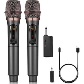ALPOWL Wireless Microphone, UHF Dual Cordless Dynamic Mic System,Handheld Karaoke Microphone with Rechargeable Receiver(Auto Connect,160 ft Range) for Singing, Church, Speech, Wedding, Party