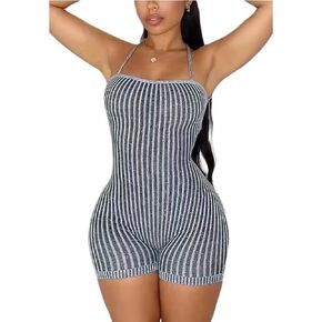 Women's Sexy Backless Short Jumpsuit Sleeveless Tie Back Knitted Bodycon Rompers One Piece Short Bodysuit, Black, XL