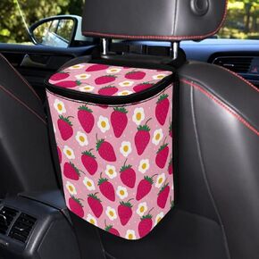 Talayituse Strawberry Flower Print Car Trash Bin, Laege Size Auto Trash Can Adjustable Portable Garbage Can with Lid, Vehicle Hanging Bag for Headrest Front Back Seat, Pink