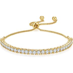 14K Gold Plated Cubic Zirconia Tennis Bracelet – Elegant Tennis Bracelet for Women, Thin, Dainty, Stackable, Available in 2mm 3mm Width, Silver and Gold Color, Adjustable Slider 6-9 Inch