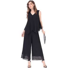 Women's 2 Piece Chiffon Sets Outfits Flowy Summer Casual Dressy Pantsuits Double Layers Blouse Capris Pants Suits