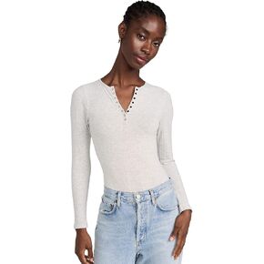 Yummie Womens Katrina Long Sleeve Cotton Ribbed Seamless Henley Bodysuit