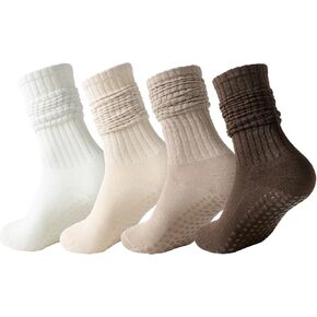 4 Pairs Pilates Socks with Grips for Women Non-slip Slouchy Yoga Grip Sock for Barre Workout Hospital