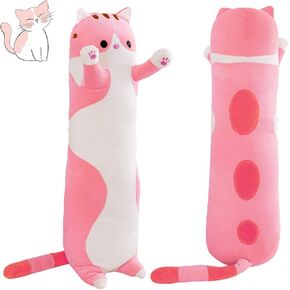 Cute Long Cat Plush Body Pillow, Kawaii Cat Plushie Toys Cuddle Cartoon Stuffed Animals Soft Kitten Throw Pillow Doll Gift for Kids Girls Boys (19.7", Pink)
