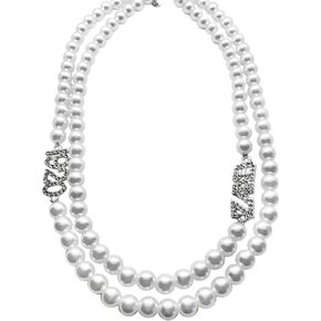 Sisterhood Statement jewelry ZETA 1920 rhinestone metal charm Double Necklace for sorority Women with Imitation Pearl Beads, Choker Style Multi-Strand Necklace