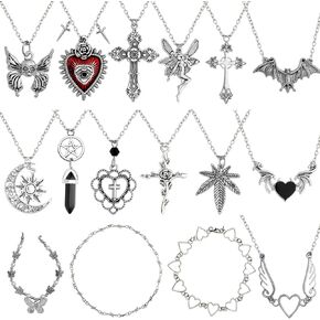 16Pcs Goth Necklace Set for Women, Y2k Accessories Jewelry Necklaces Gothic Cross Fairy Thorns Angel Heart Butterfly Emo Alternative Vintage Silver Pendants Jewellery Accessories
