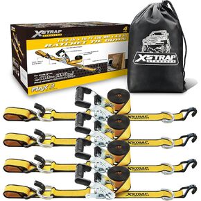 XSTRAP STANDARD 4 Pack 1.5'' x 16' Ratchet Tie Down Straps - 1,100 lb Safe Working Load, 3,300 lb Break Strength, Heavy Duty Double J-Hook Cargo Straps for Moving, Truck, Trailers, Kayaks, Car Roof