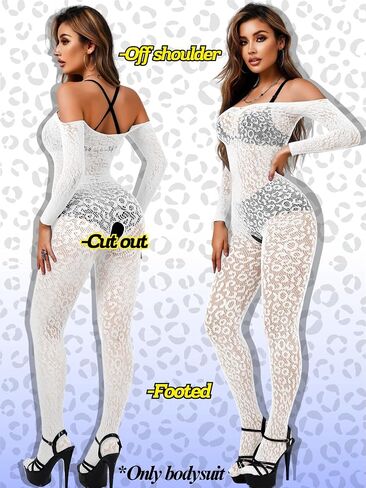 Women Off Shoulder Leopard Fishnet Bodysuit, Body Stockings Full Lace Jumpsuit, Sexy Lingerie Outfits Rave Party Club in Saudi Arabia