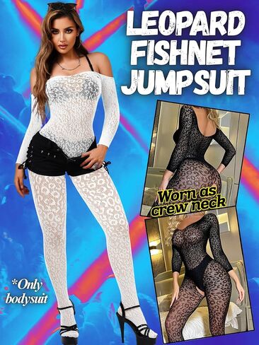 Women Off Shoulder Leopard Fishnet Bodysuit, Body Stockings Full Lace Jumpsuit, Sexy Lingerie Outfits Rave Party Club in Saudi Arabia