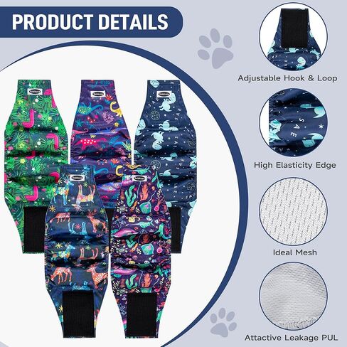 حفاضات للكلاب الذكور، أربطة لبطن الكلاب عالية الامتصاص للكلاب الذكور، لفافات ذكر للكلاب قابلة للغسل وإعادة الاستخدام (5 عبوات) in Kuwait