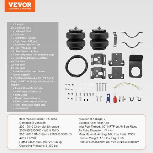 VEVOR Air Bag Suspension Kit, Air Springs Suspension Bag Kit Compatible with 2001-2010 Chevrolet Silverado 2500/3500HD and GMC Sierra 2500/3500HD 4WD RWD, 5000 lbs Loading, 5 to 100 PSI in Kuwait