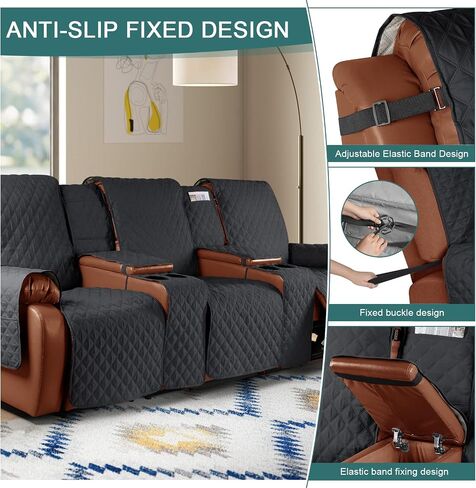 Ruaozz Waterproof Recliner Sofa Cover with Console Non-Slip Recliner Loveseat Cover Pet Cover for Double Recliner Sofa Cover with Elastic Straps for Kid Dogs Pets (Dark Blue, 2 Seater) in Kuwait
