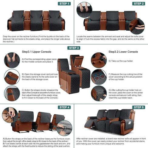 Ruaozz Waterproof Recliner Sofa Cover with Console Non-Slip Recliner Loveseat Cover Pet Cover for Double Recliner Sofa Cover with Elastic Straps for Kid Dogs Pets (Dark Blue, 2 Seater) in Kuwait