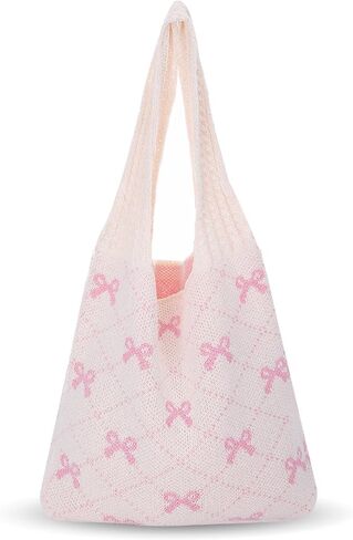 Crochet Tote Bag for Women Girl,Heart/Bow Tote Bag,Boho Aesthetic Knitted Travel Beach Shoulder Handbags for Summer in Kuwait