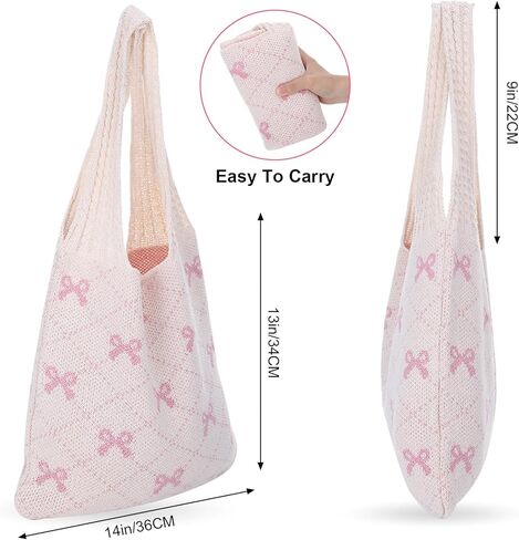 Crochet Tote Bag for Women Girl,Heart/Bow Tote Bag,Boho Aesthetic Knitted Travel Beach Shoulder Handbags for Summer in Kuwait