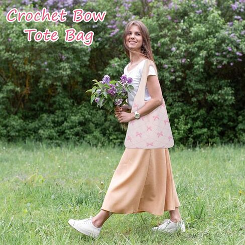 Crochet Tote Bag for Women Girl,Heart/Bow Tote Bag,Boho Aesthetic Knitted Travel Beach Shoulder Handbags for Summer in Kuwait