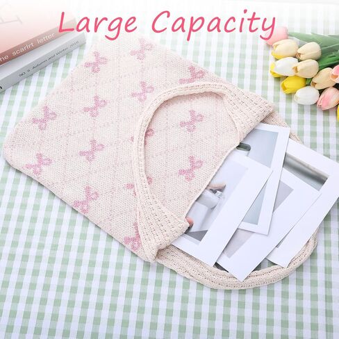 Crochet Tote Bag for Women Girl,Heart/Bow Tote Bag,Boho Aesthetic Knitted Travel Beach Shoulder Handbags for Summer in Kuwait